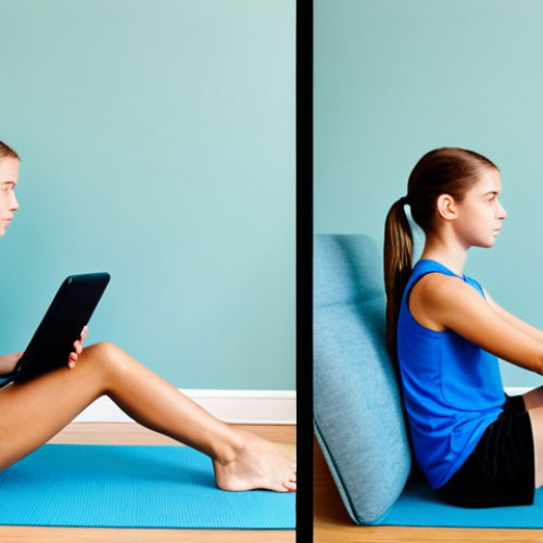 Home 8 A dynamic split image showing the impact of Pilates on young people. On the left, a teenage boy and girl sit slouched on a couch, engrossed in digital devices, illustrating common modern posture issues in a home setting. On the right, the same teenagers are actively engaged in a Pilates mat exercise in a bright, clean studio, demonstrating excellent posture, flexibility, and core strength. Both subjects are fully clothed in modest athletic wear, appropriate attire. The overall scene is safe for work, appropriate content, and family-friendly. Features perfect anatomy, correct proportions, natural pose, well-formed hands, proper finger count, natural body proportions, professional studio lighting, high-resolution photography.