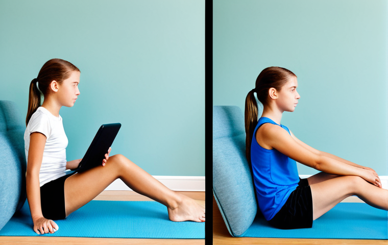 A dynamic split image showing the impact of Pilates on young people. On the left, a teenage boy and girl sit slouched on a couch, engrossed in digital devices, illustrating common modern posture issues in a home setting. On the right, the same teenagers are actively engaged in a Pilates mat exercise in a bright, clean studio, demonstrating excellent posture, flexibility, and core strength. Both subjects are fully clothed in modest athletic wear, appropriate attire. The overall scene is safe for work, appropriate content, and family-friendly. Features perfect anatomy, correct proportions, natural pose, well-formed hands, proper finger count, natural body proportions, professional studio lighting, high-resolution photography.