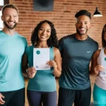 필라테스 강사로 해외 취업하기 - **Pilates Certification Ceremony:** A diverse group of men and women, all modestly dressed in athlet...