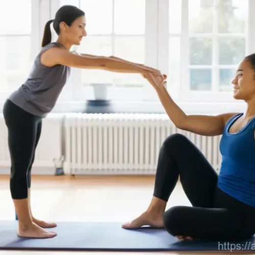 필라테스 강사 초보자를 위한 가이드 - **Prompt:** A serene and brightly lit Pilates studio. A female instructor, in her late 20s to early ...