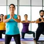 필라테스 강사 워크숍 운영 방법 - A diverse group of adult Arabic-speaking Pilates trainees in a modern studio setting, wearing modest...