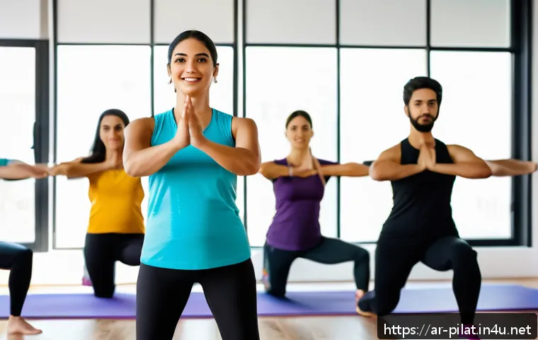필라테스 강사 워크숍 운영 방법 - A diverse group of adult Arabic-speaking Pilates trainees in a modern studio setting, wearing modest...